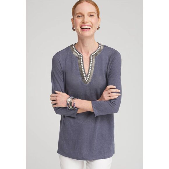 Chico's Tops - CHICO'S 100% Linen V-Neck Embellished Tunic, Sz 4 (XXL)
